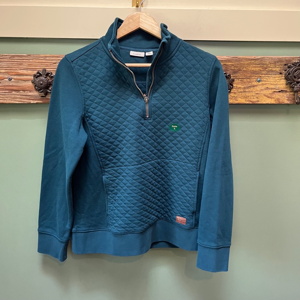 LL Bean Womens Petite S Quilted Quarter Zip‎ Pullover Teal Blue Green 506090